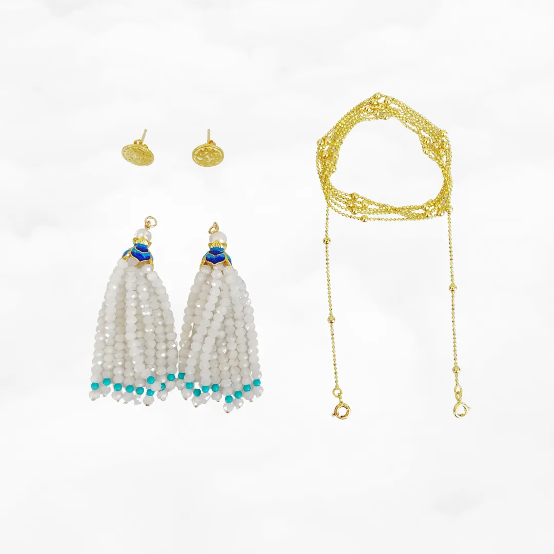 Moonstone Lotus Tassels Lariat Necklace and Earrings Set