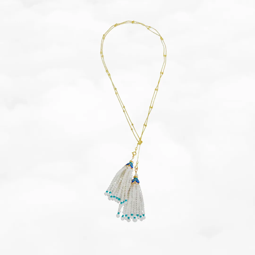 Moonstone Lotus Tassels Lariat Necklace and Earrings Set