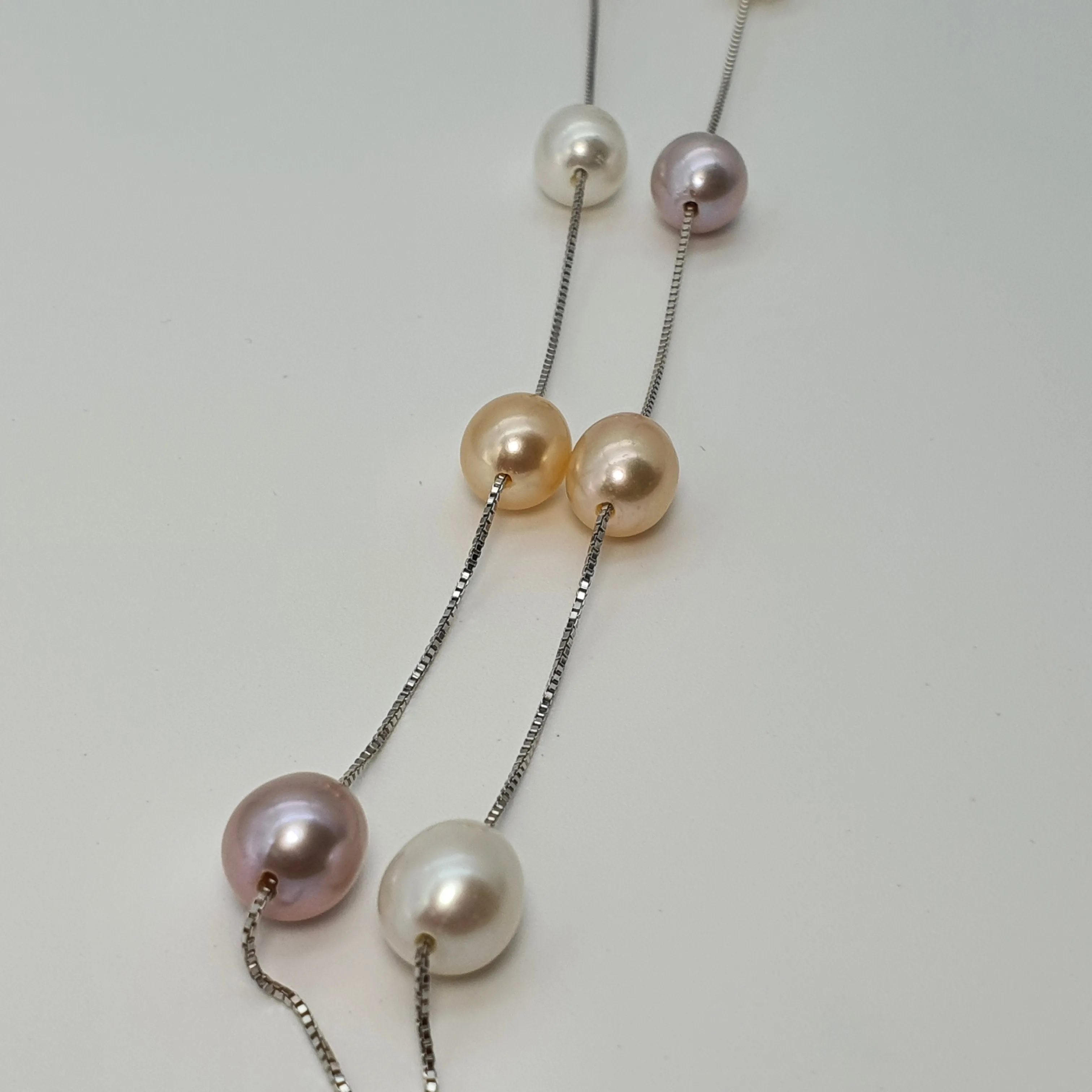 Multi coloured Freshwater Pearl Station Necklace, Sterling Silver