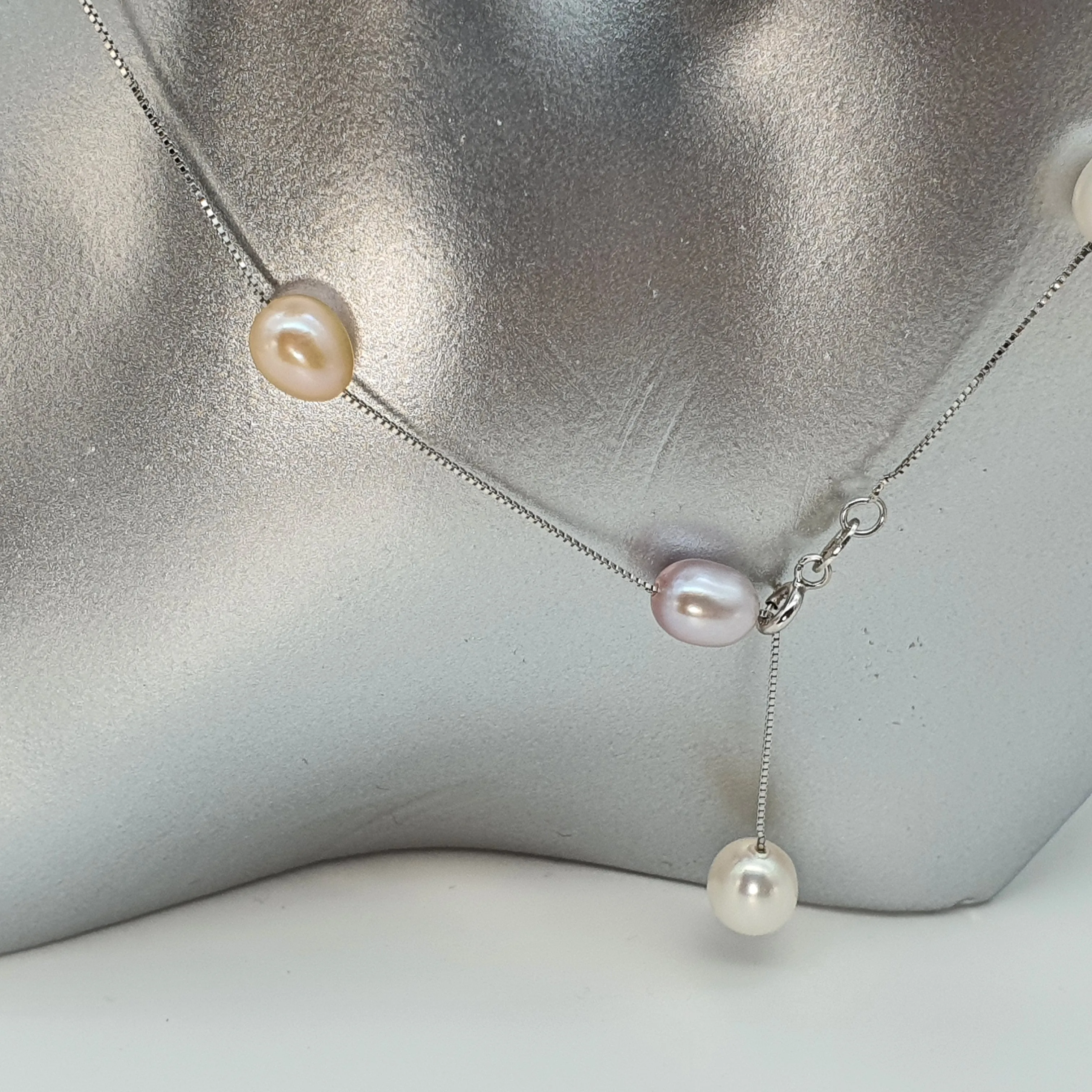 Multi coloured Freshwater Pearl Station Necklace, Sterling Silver