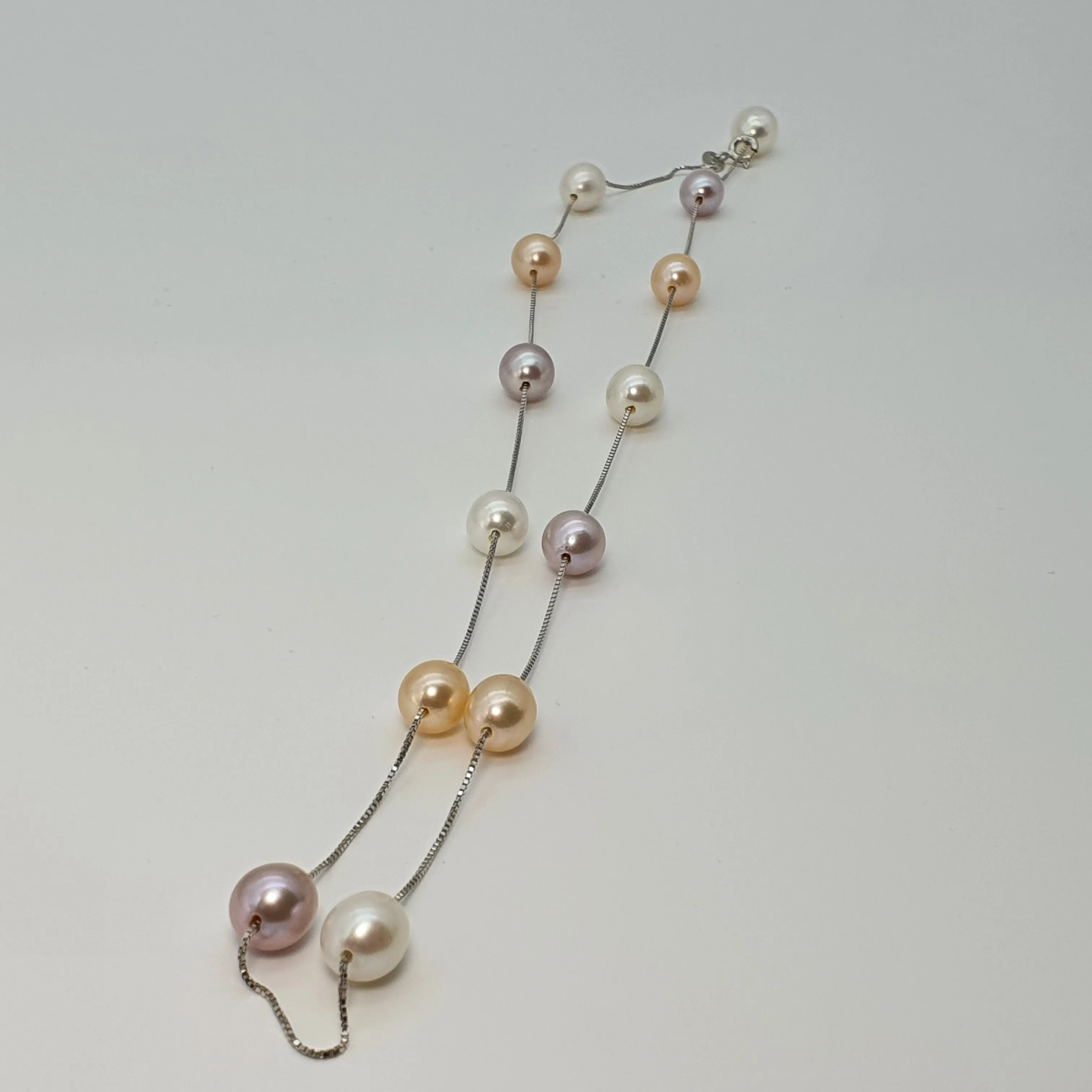 Multi coloured Freshwater Pearl Station Necklace, Sterling Silver