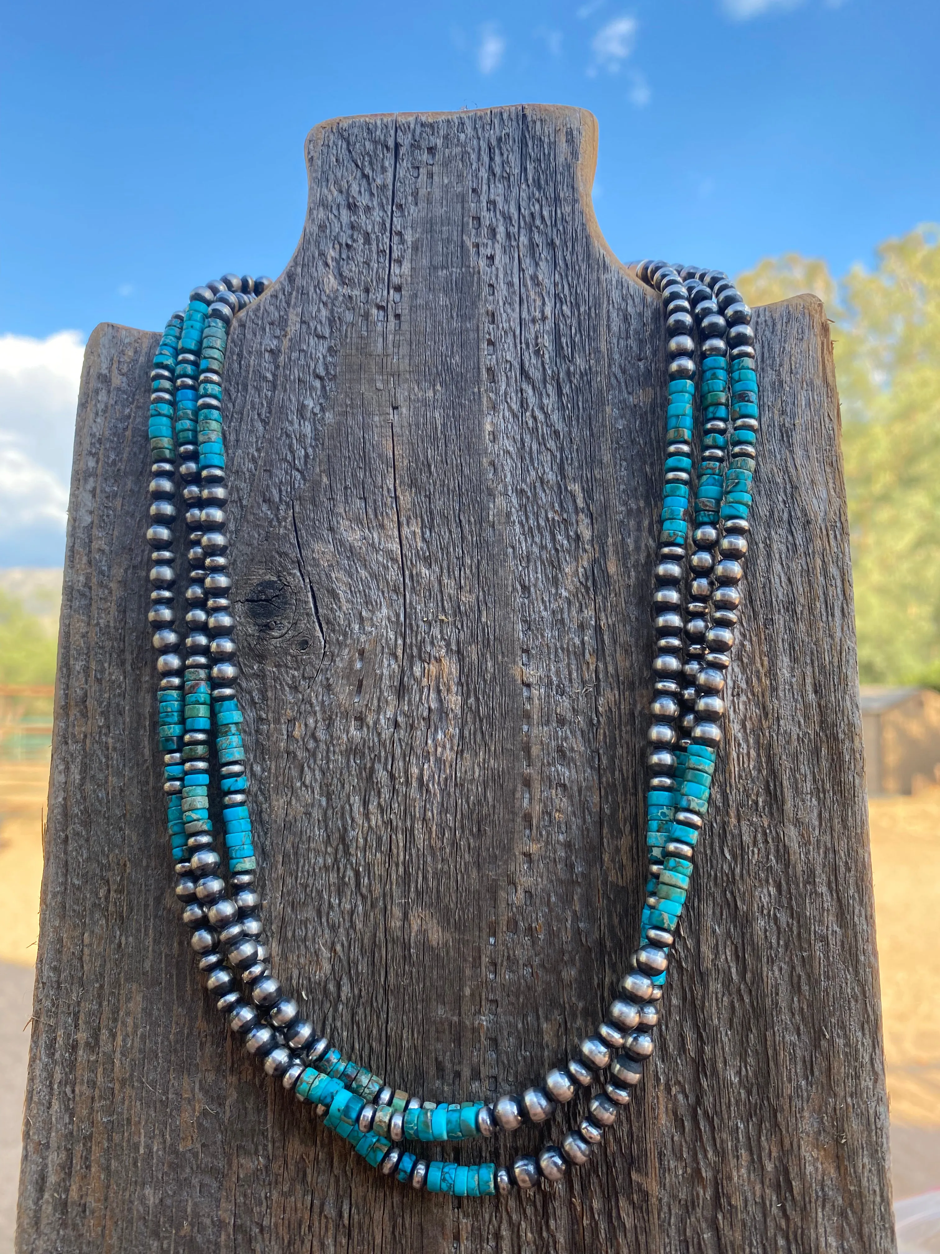 Navajo 3 Strand Kingman Turquoise & Sterling Beaded 18 inches