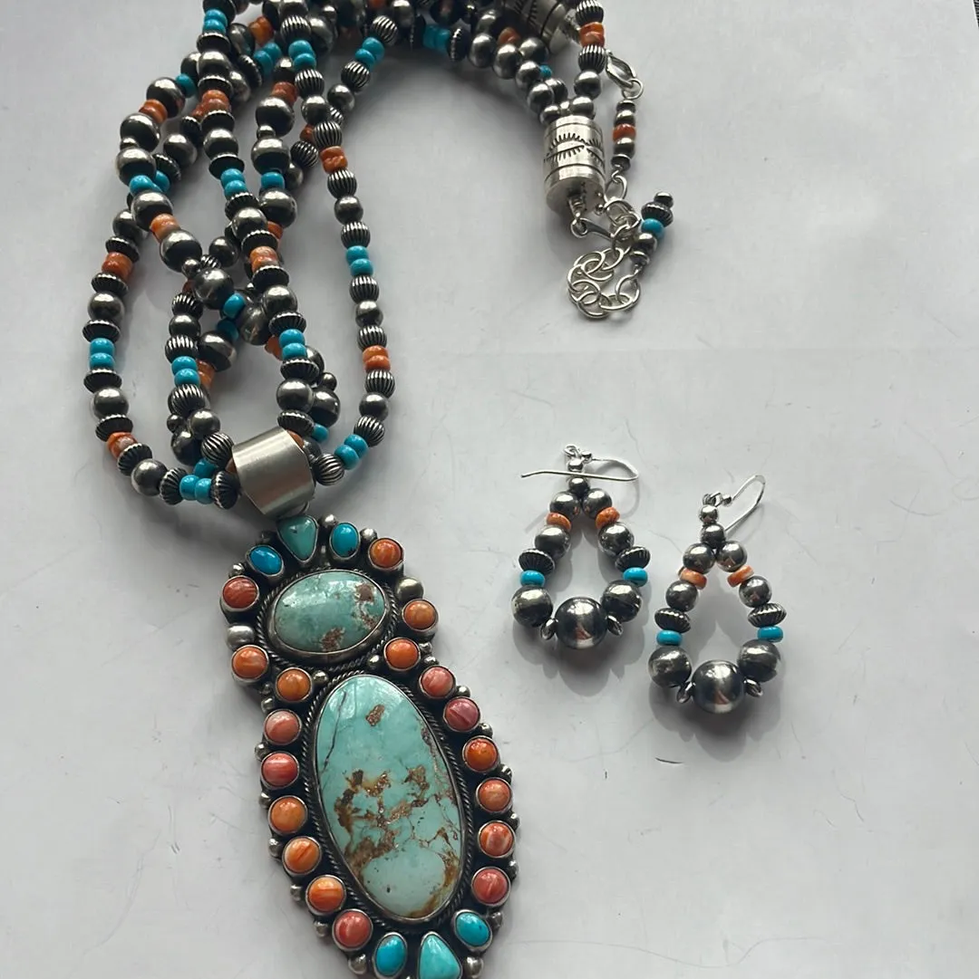 Navajo Beaded Turquoise, Spiny, & Sterling Silver Necklace Earrings Set Signed