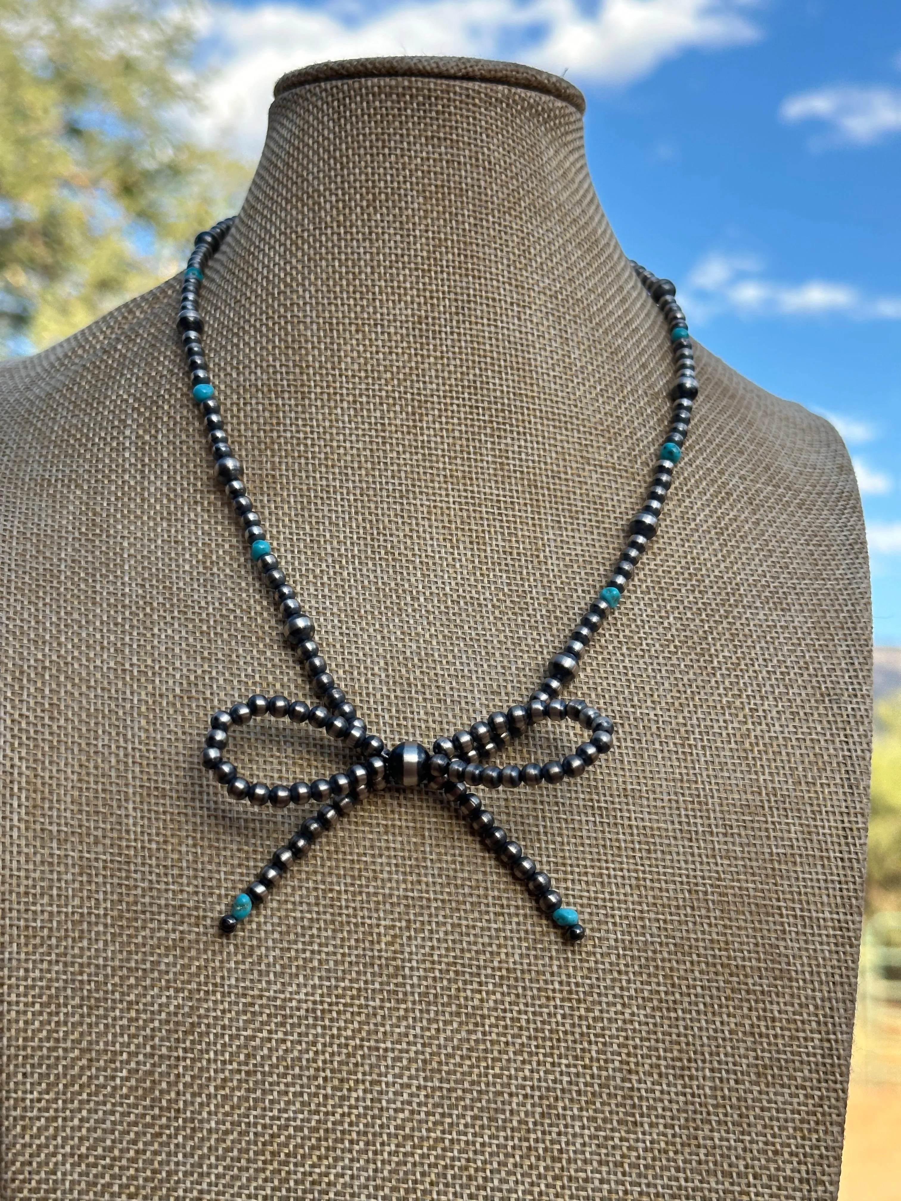 Navajo Made Sterling Silver & Turquoise  Pearl Beaded 4-6mm Bow Tie  Necklace 18 inches