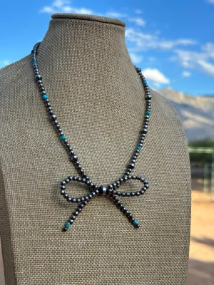 Navajo Made Sterling Silver & Turquoise  Pearl Beaded 4-6mm Bow Tie  Necklace 18 inches