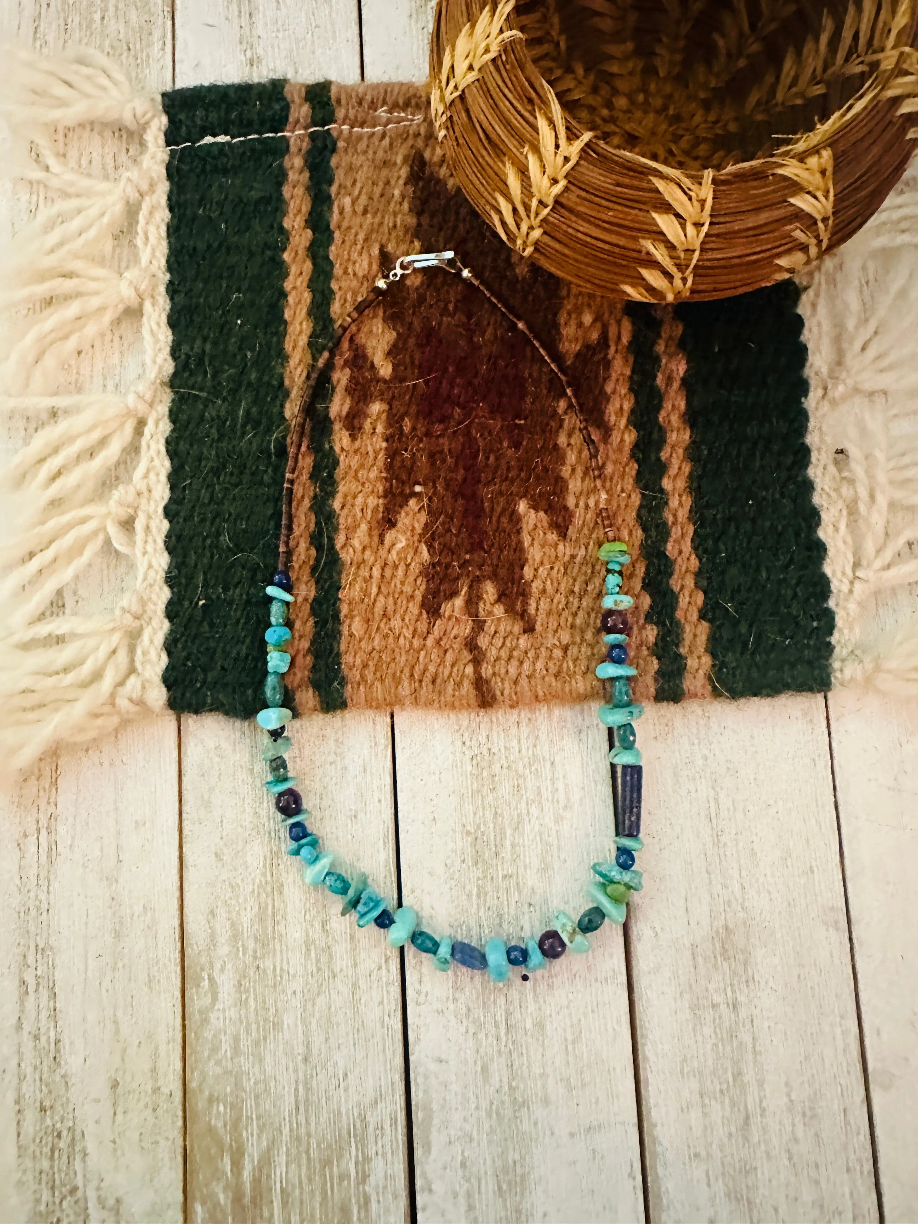 Navajo Multi Stone & Sterling Silver Beaded 22” Necklace