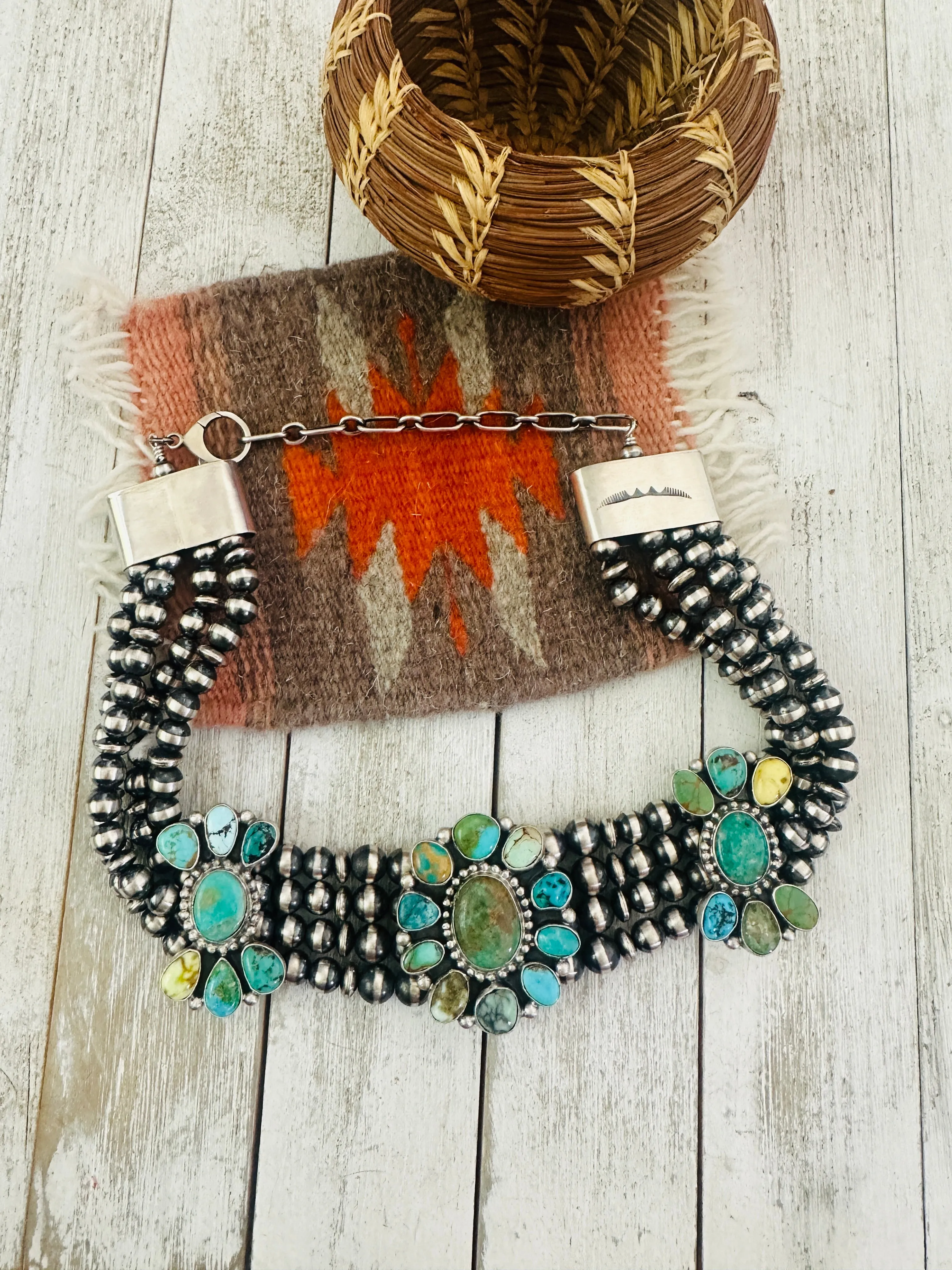 Navajo Multi Turquoise & Sterling Silver Beaded Choker Necklace