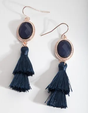 Navy Rose Gold Tassel Earrings