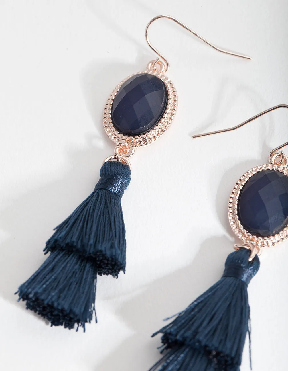 Navy Rose Gold Tassel Earrings