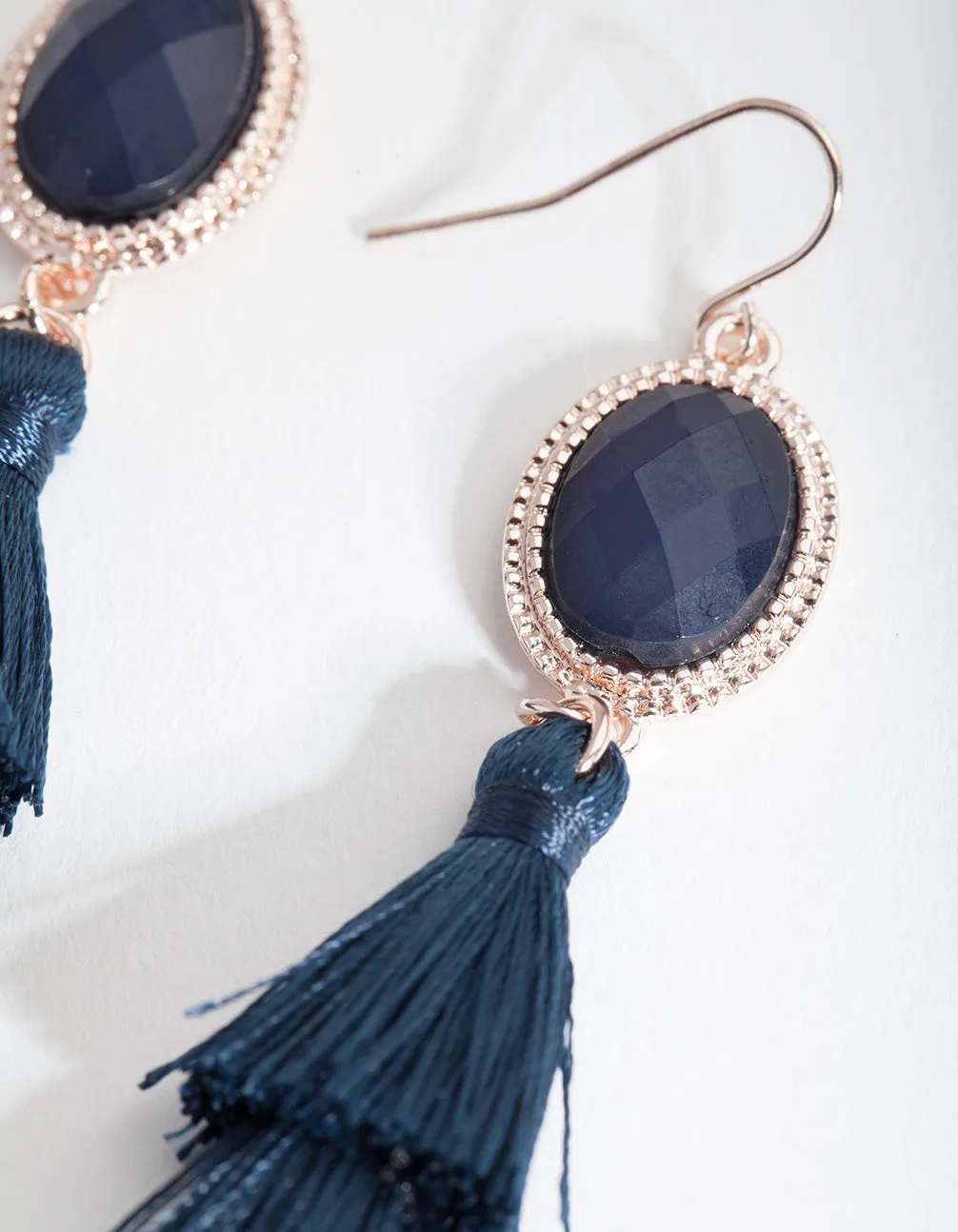 Navy Rose Gold Tassel Earrings