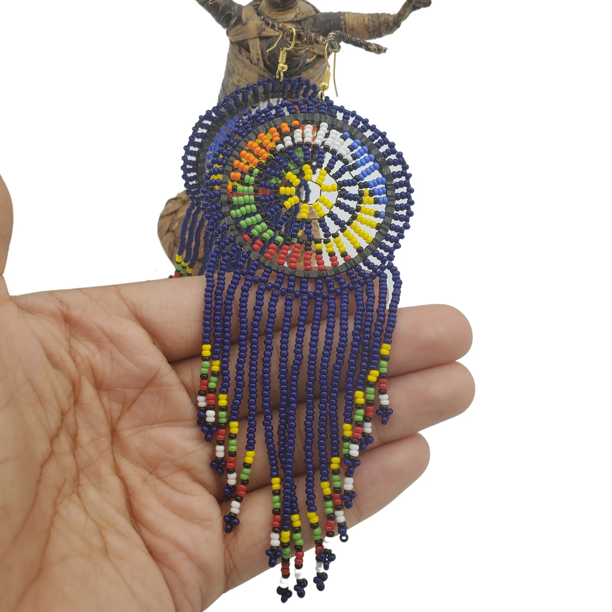 Oversized Dream Catcher Beaded Earrings, Blue