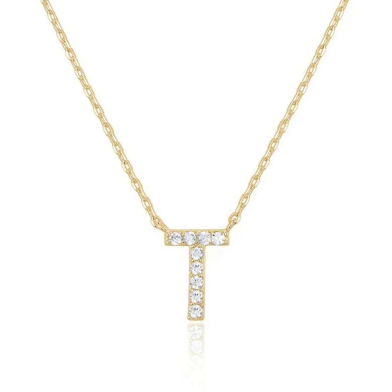 Paris Jewelry® 18K Yellow Gold A-Z Alphabet Created White Sapphire Necklace Initial Plated