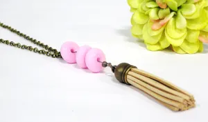 Pink Beaded Beige Tassel Necklace