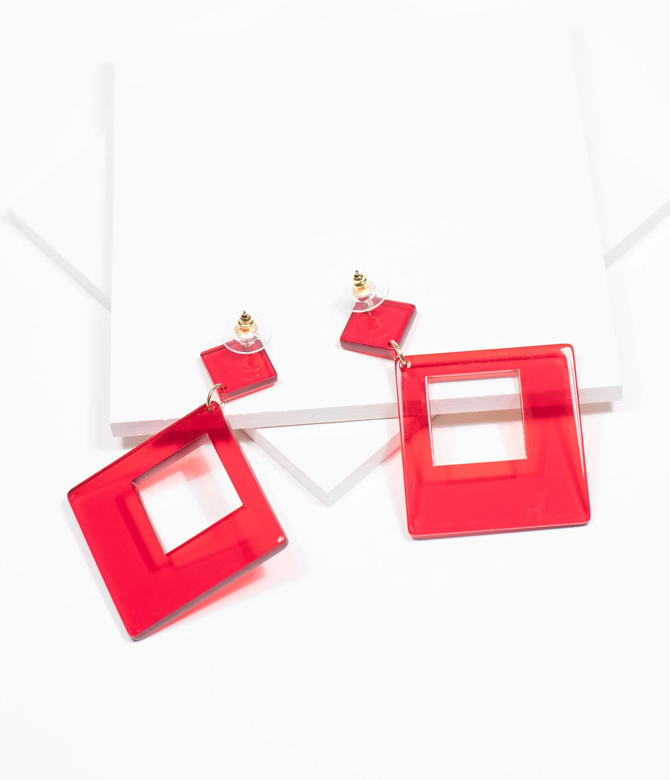 Retro Style Red Square Resin Drop Earrings