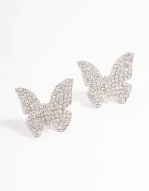 Rhodium Butterfly Cubic Zirconia Stone Stud Earrings