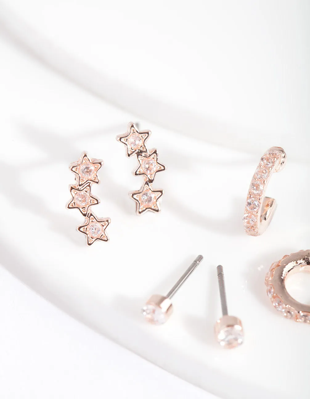 Rose Gold Cubic Zirconia Huggie Star Earring 3 Pack