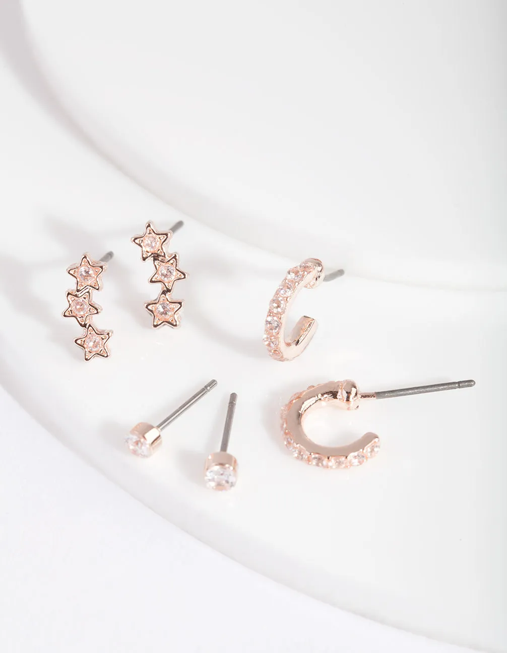 Rose Gold Cubic Zirconia Huggie Star Earring 3 Pack