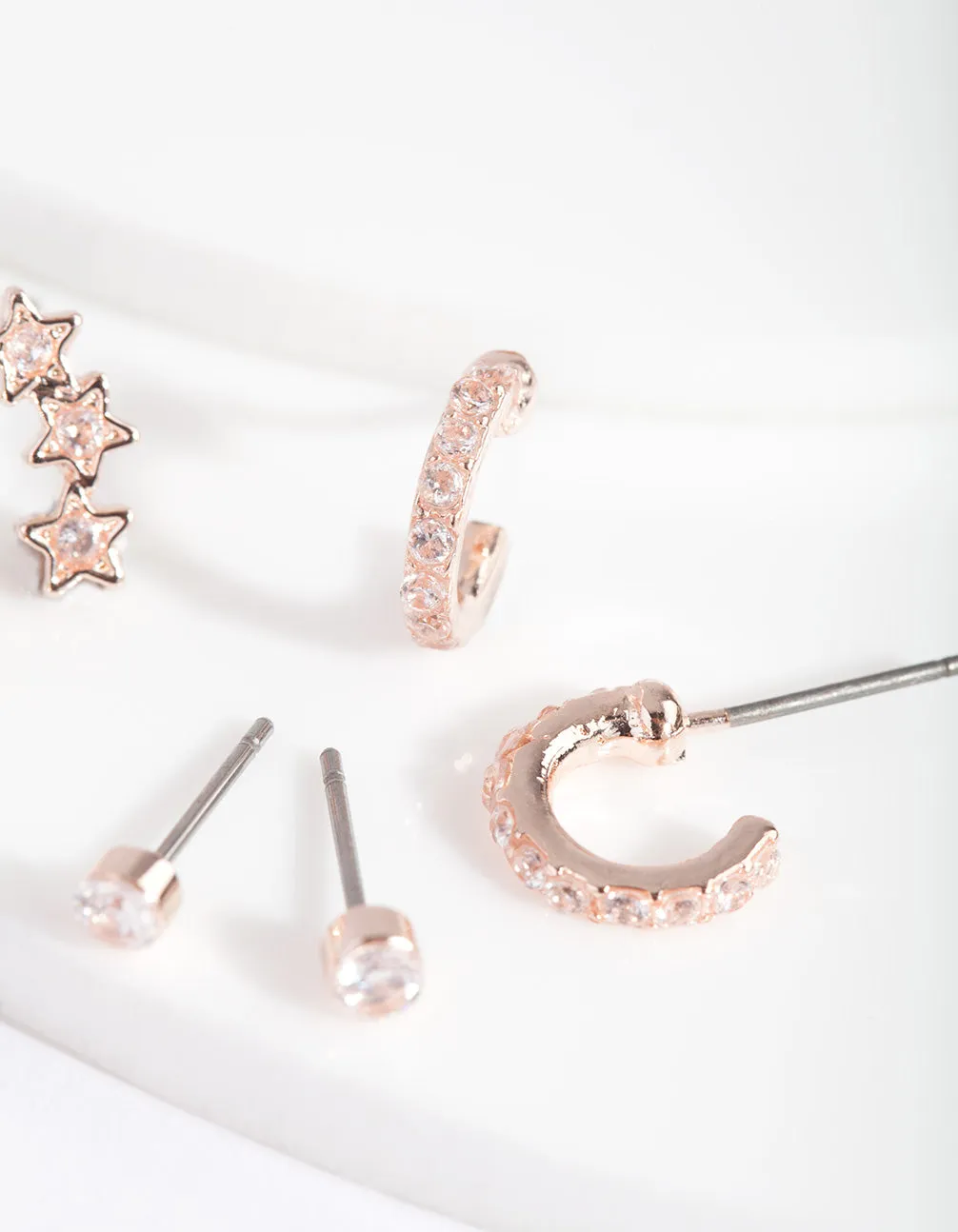 Rose Gold Cubic Zirconia Huggie Star Earring 3 Pack