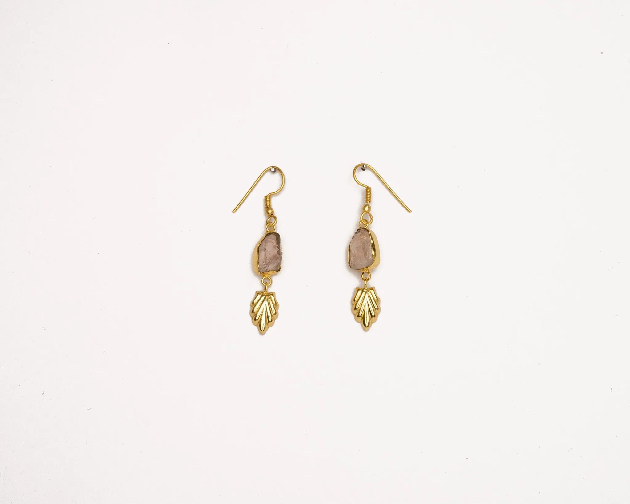 Rose Quartz Raw Golden Leaf Earrings