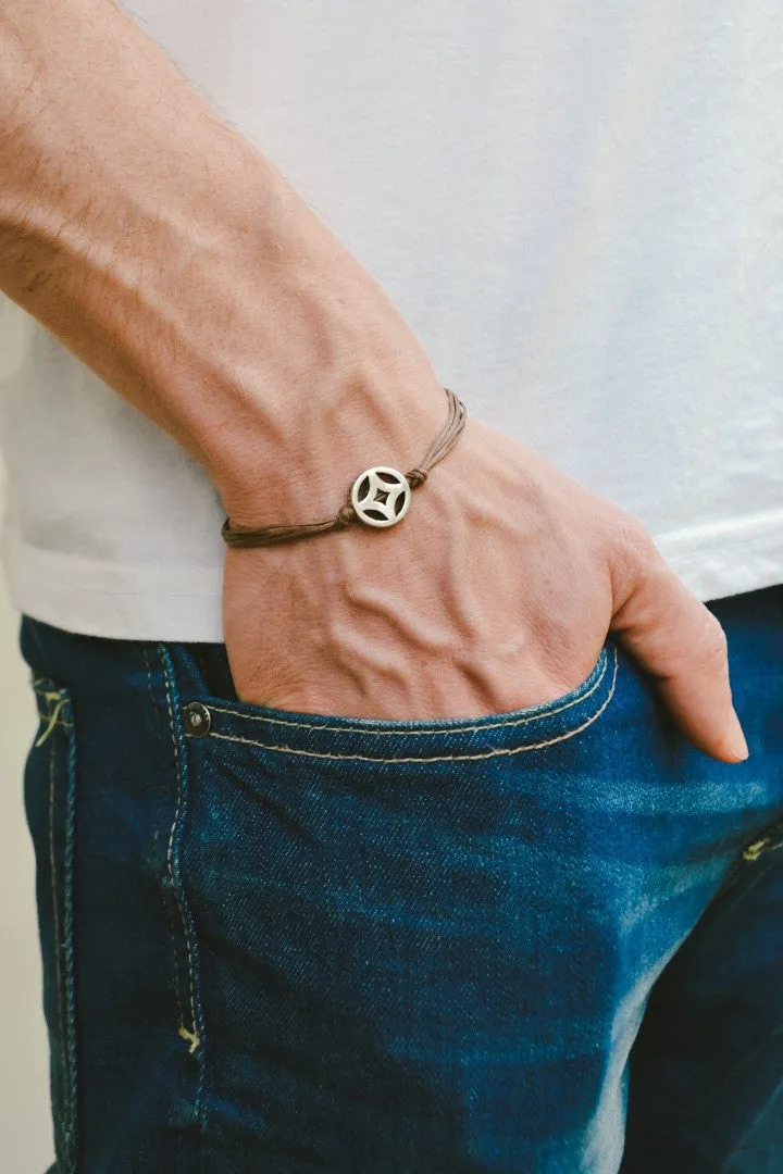 Silver circle bracelet for men, brown cord