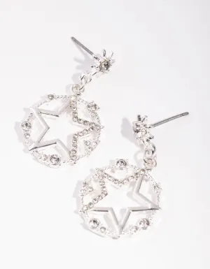 Silver Circled Star Drop Earrings