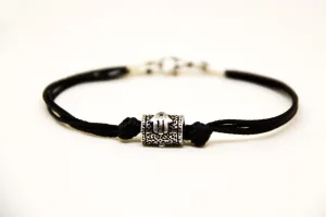 Silver Hamsa tube bead bracelet for men, black cord