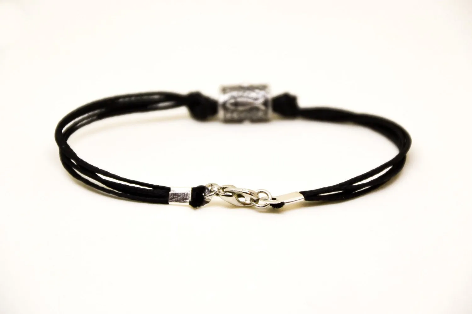 Silver Hamsa tube bead bracelet for men, black cord