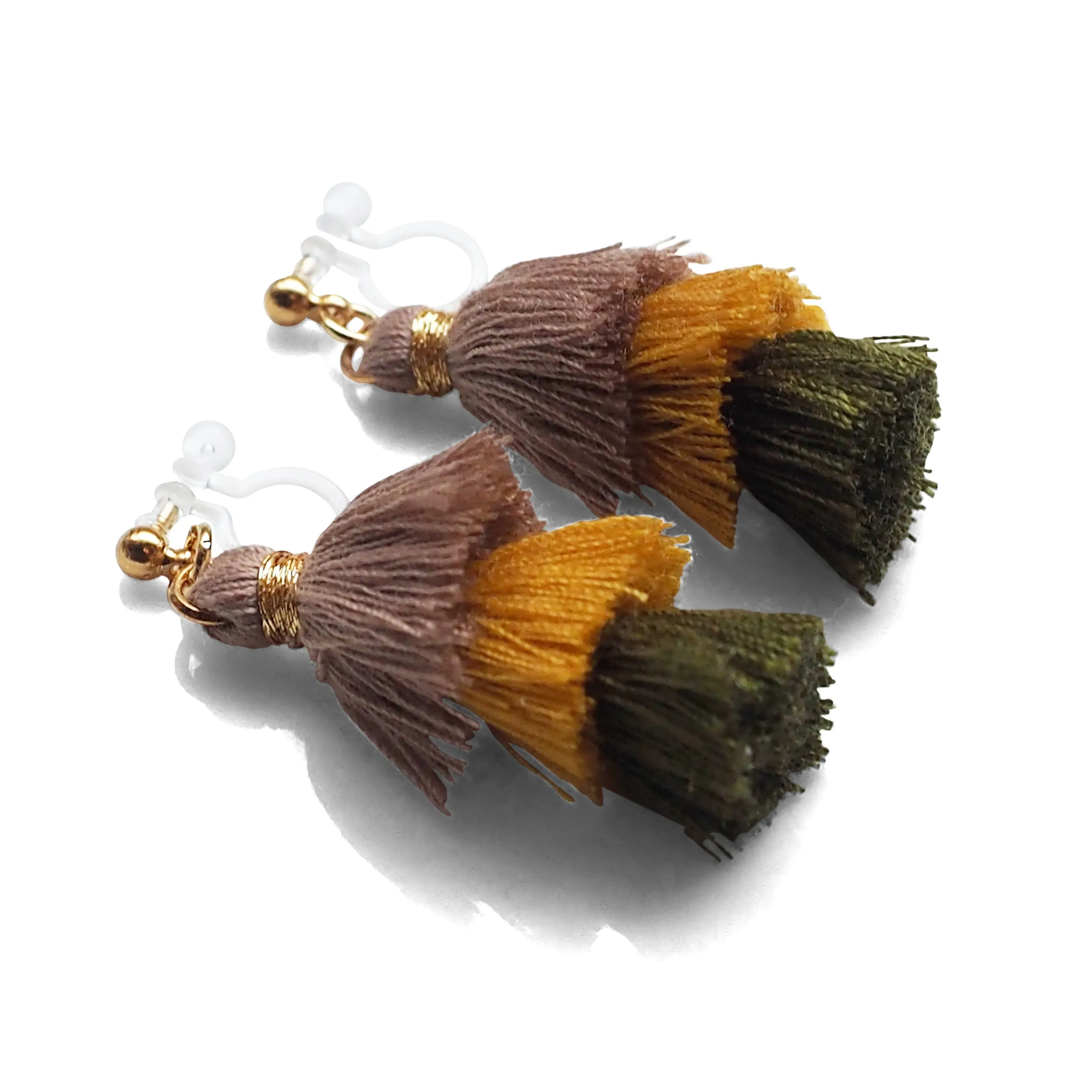 Three Layered Ombre Stacked Beige Yellow Green Tiered Tassel Invisible Clip On Earrings