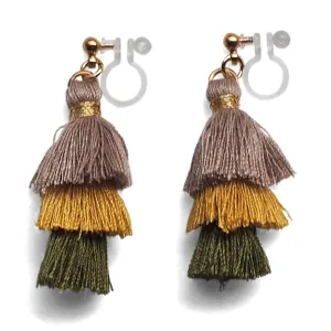 Three Layered Ombre Stacked Beige Yellow Green Tiered Tassel Invisible Clip On Earrings