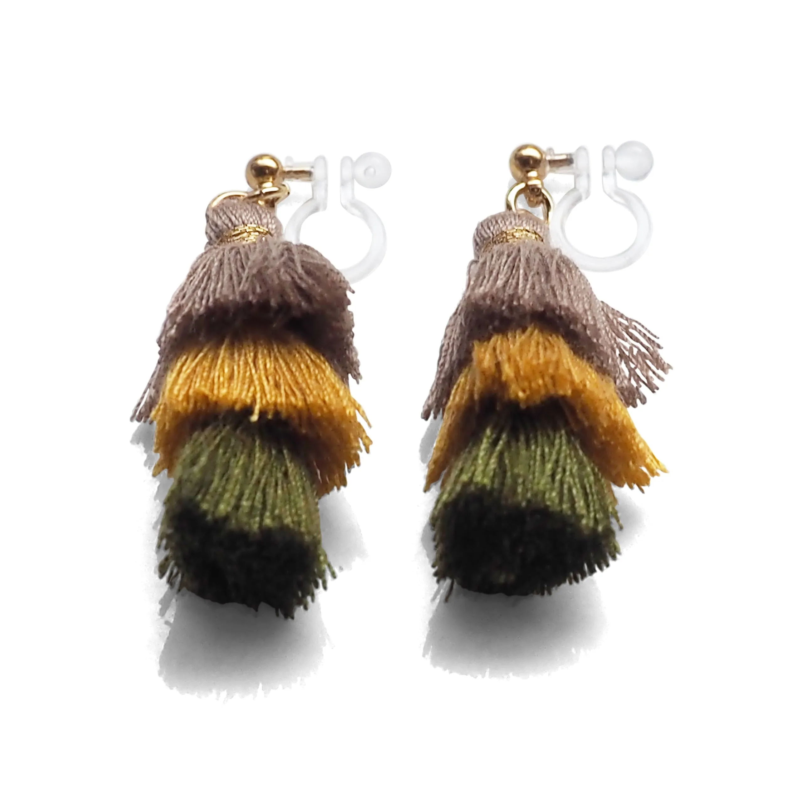 Three Layered Ombre Stacked Beige Yellow Green Tiered Tassel Invisible Clip On Earrings