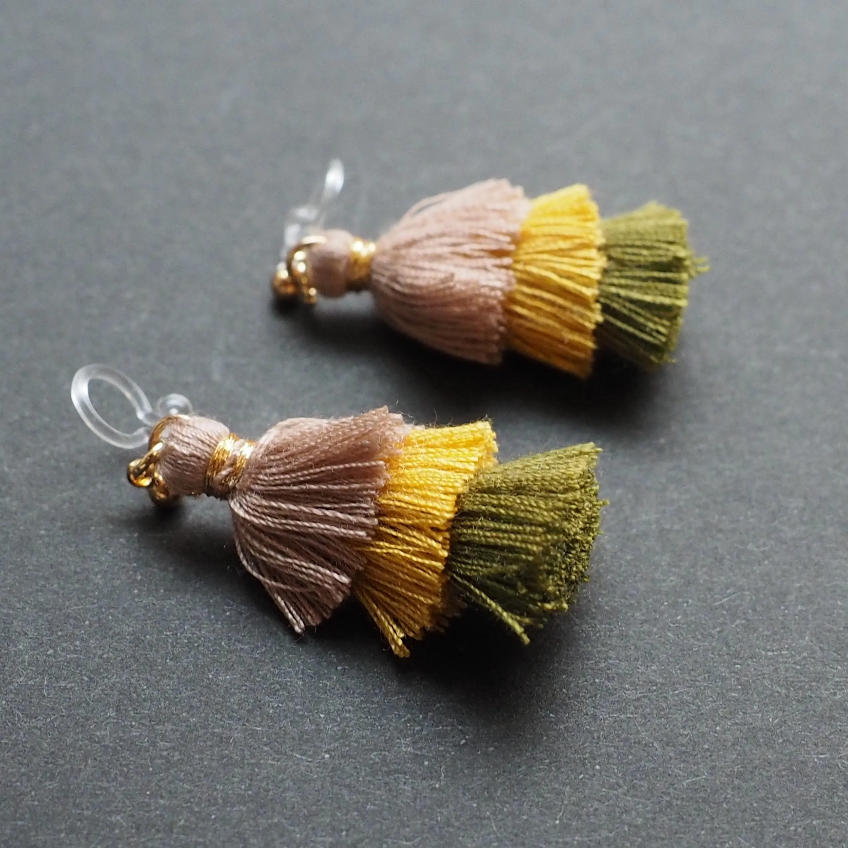 Three Layered Ombre Stacked Beige Yellow Green Tiered Tassel Invisible Clip On Earrings