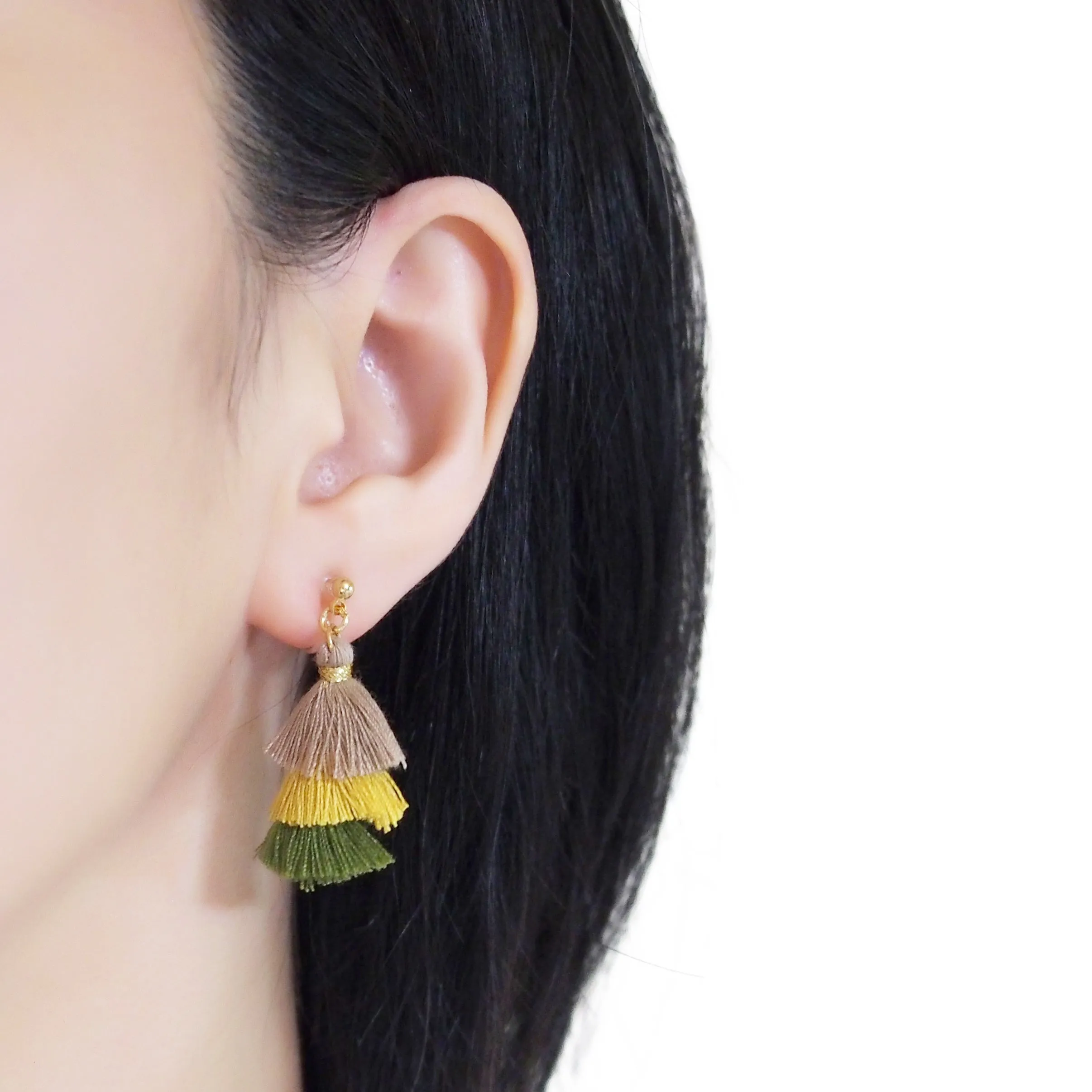 Three Layered Ombre Stacked Beige Yellow Green Tiered Tassel Invisible Clip On Earrings