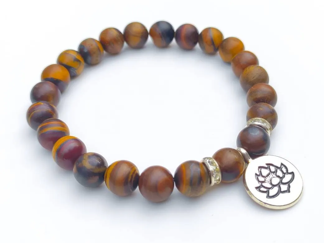 Tiger Iron Crystal Lotus Charm Bracelet