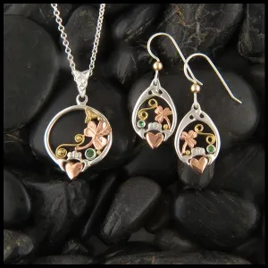 Tri-Color Claddagh Pendant and Earring Set in Gold and Silver