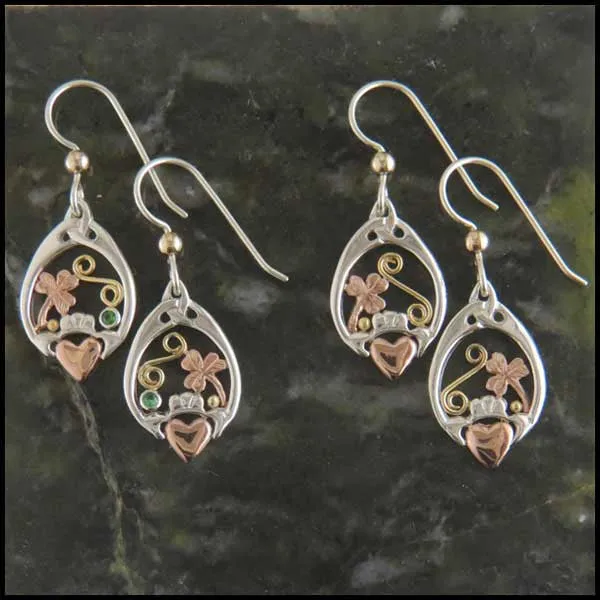 Tri-Color Claddagh Pendant and Earring Set in Gold and Silver