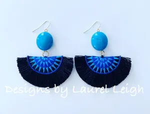 Turquoise Gemstone Fan Tassel Earrings - Royal, Black, Turquoise