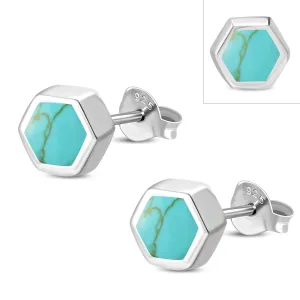 Turquoise Hexagon Silver Stud Earrings