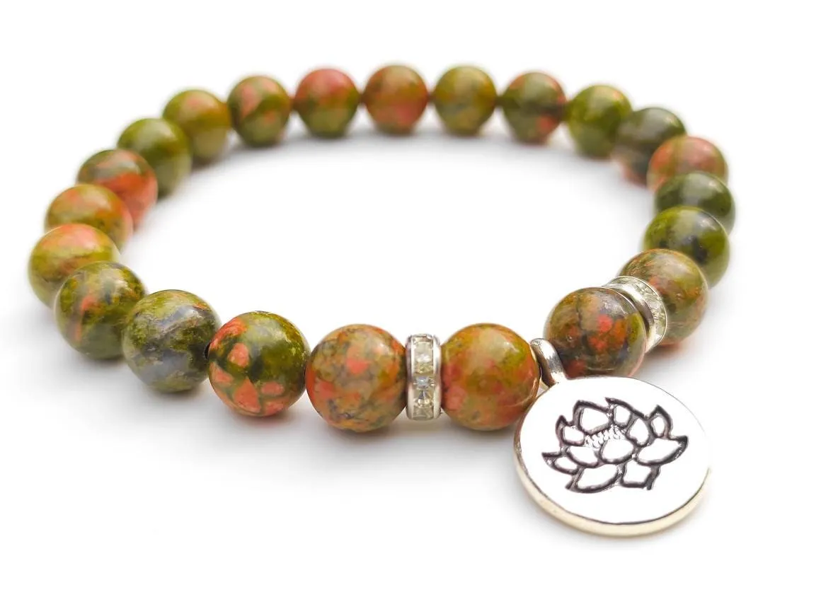 Unakite Crystal Beaded Silver Lotus Charm Bracelet