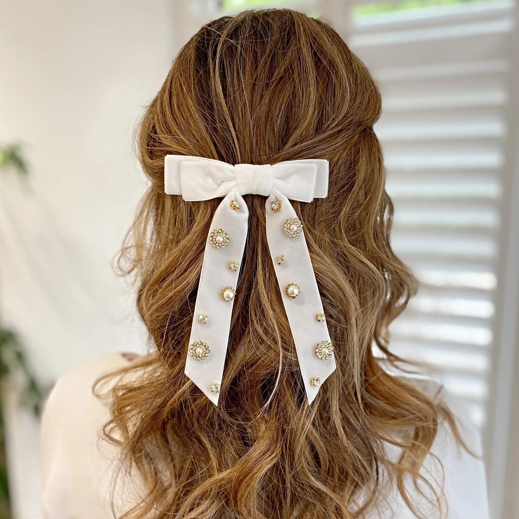 Velvet Bow Hair Clip in White with Jewels