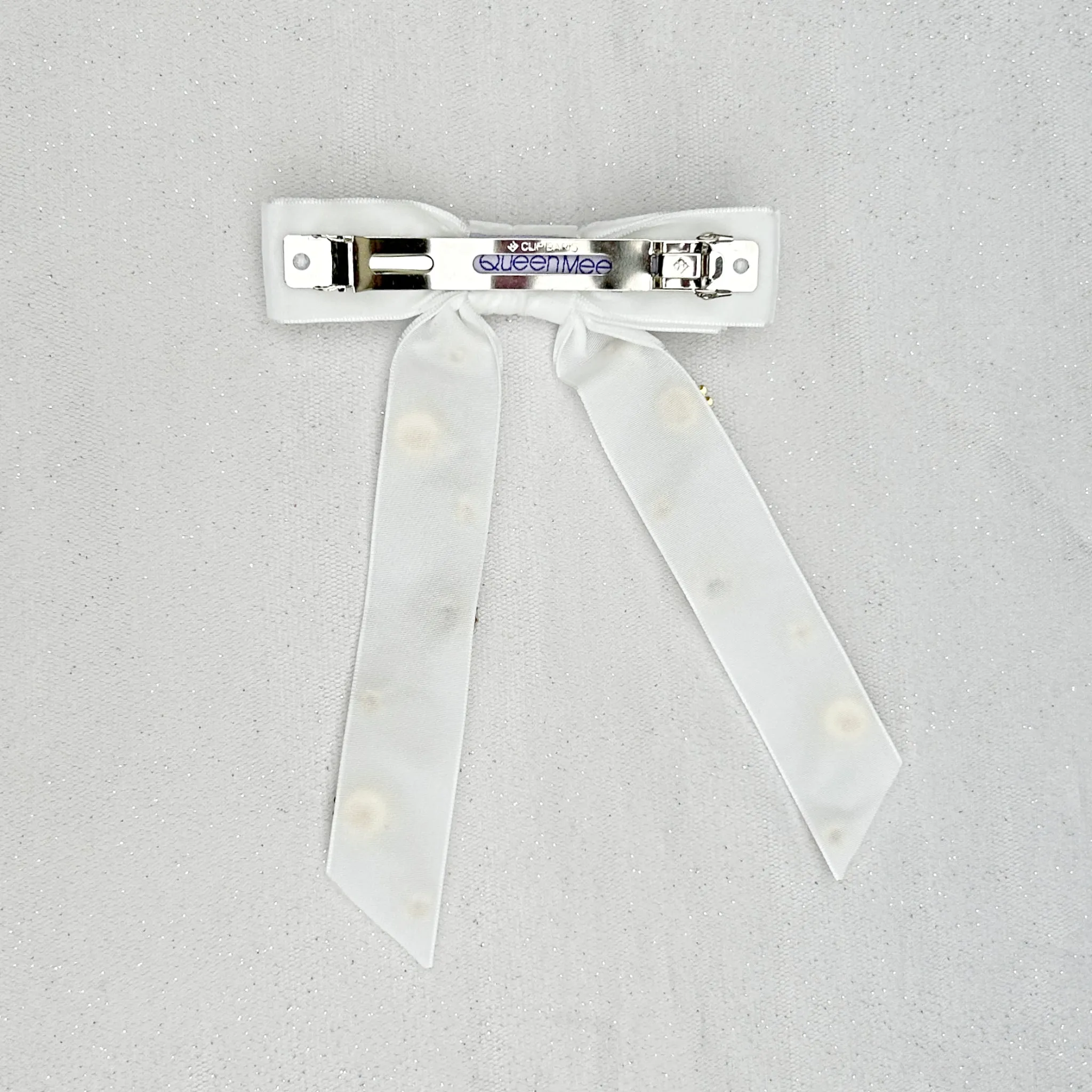 Velvet Bow Hair Clip in White with Jewels