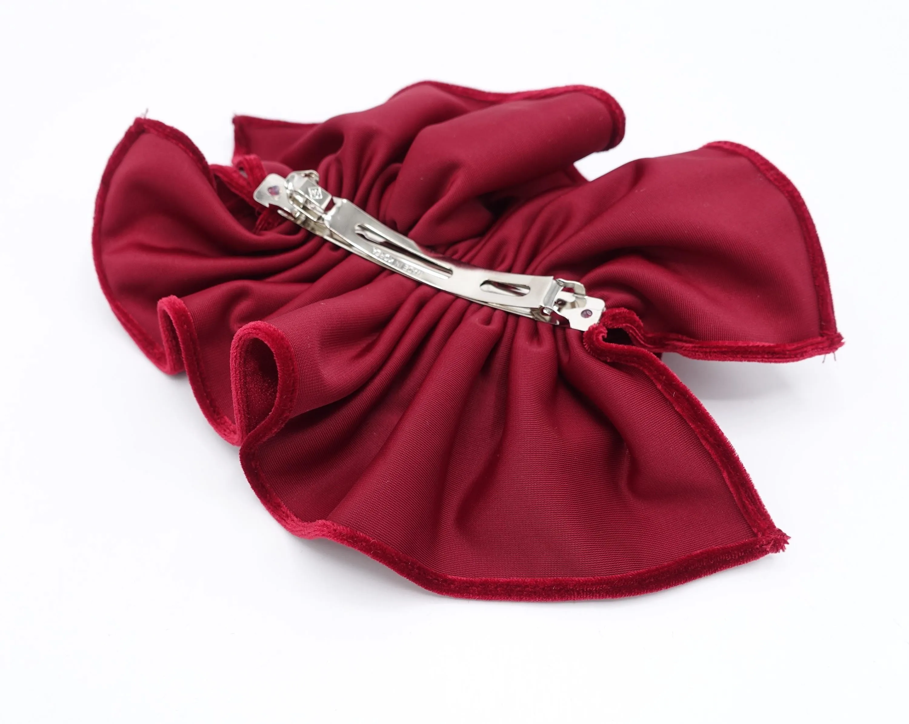 velvet ruffle bow barrette for women